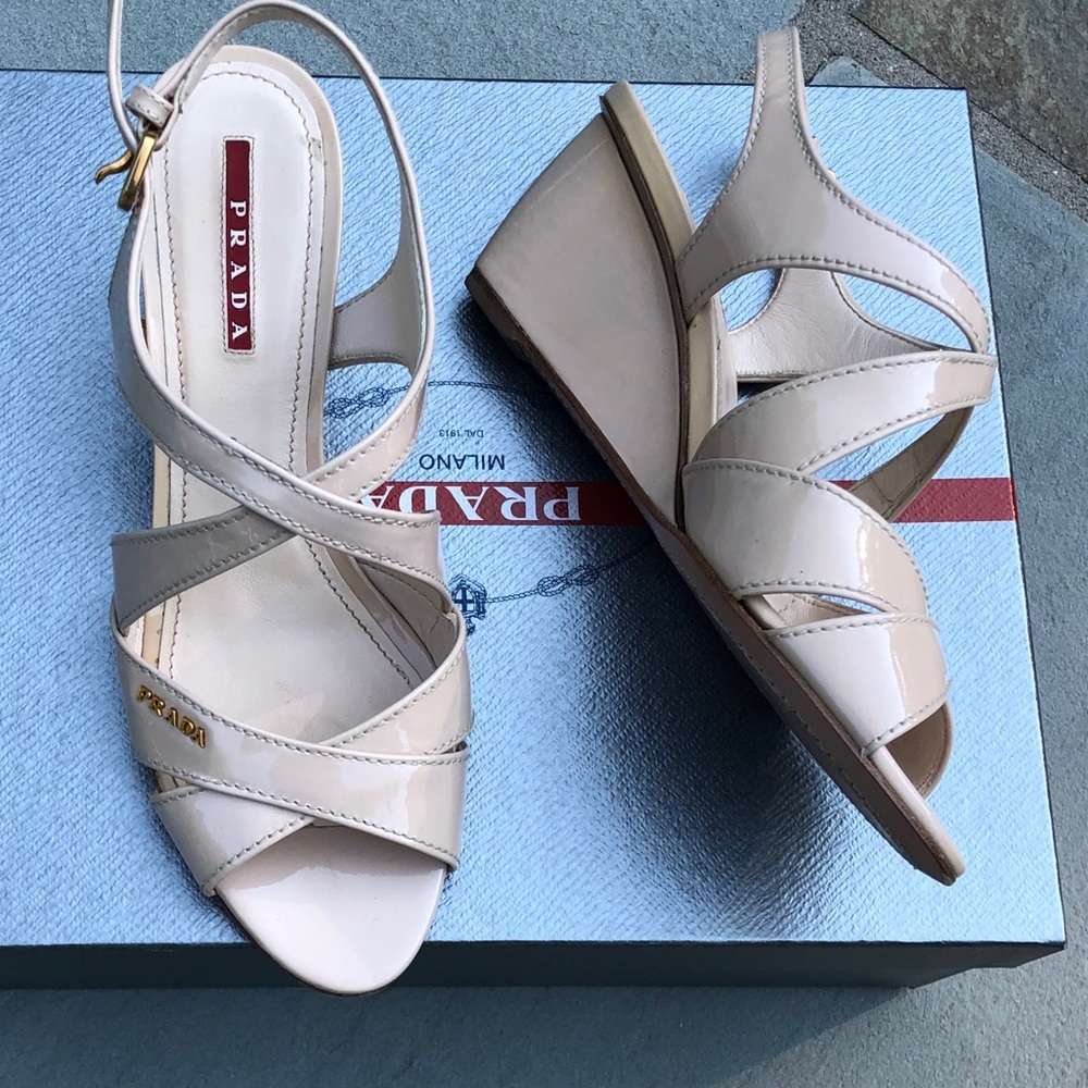 Prada Logo Strappy Low Wedge Sandals Sz 37.5 - Picture 5 of 10